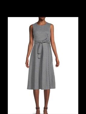 Calvin Klein Black & White Gingham Tie-Waist Midi Dress
